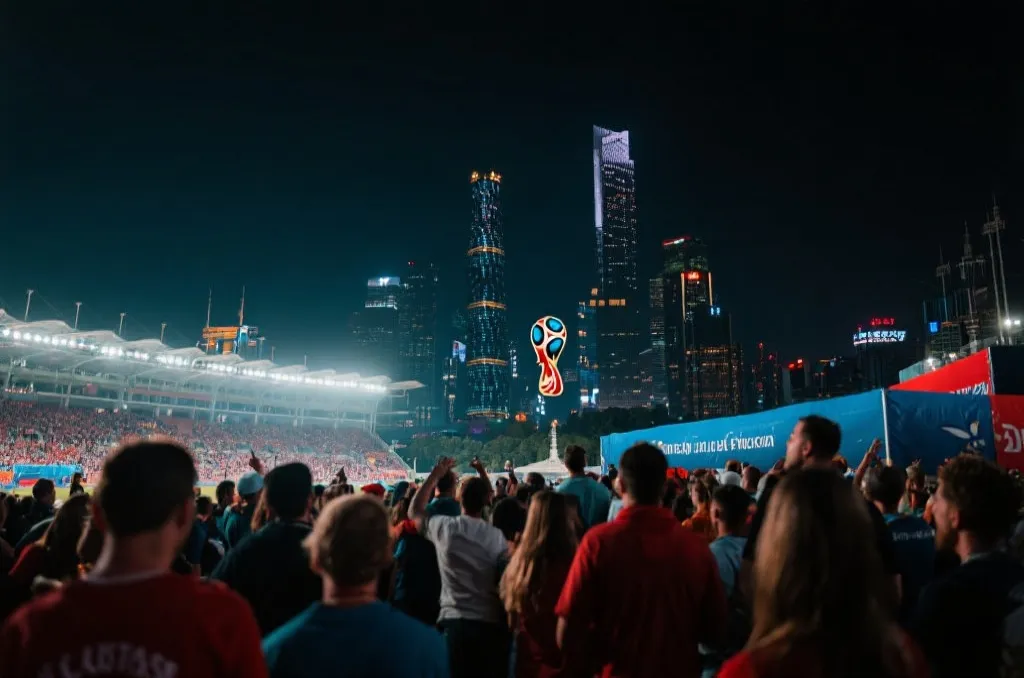 世界杯比赛日夜景与城市球场氛围示意图