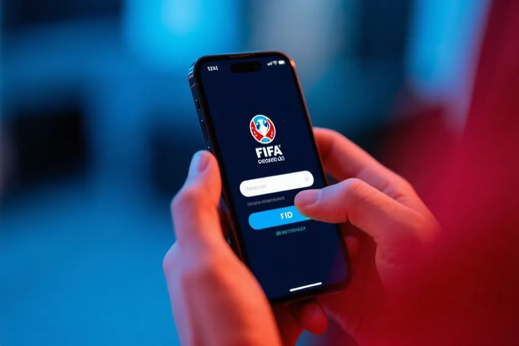 球迷在智能手机上操作FIFA官方平台注册账号的细节特写